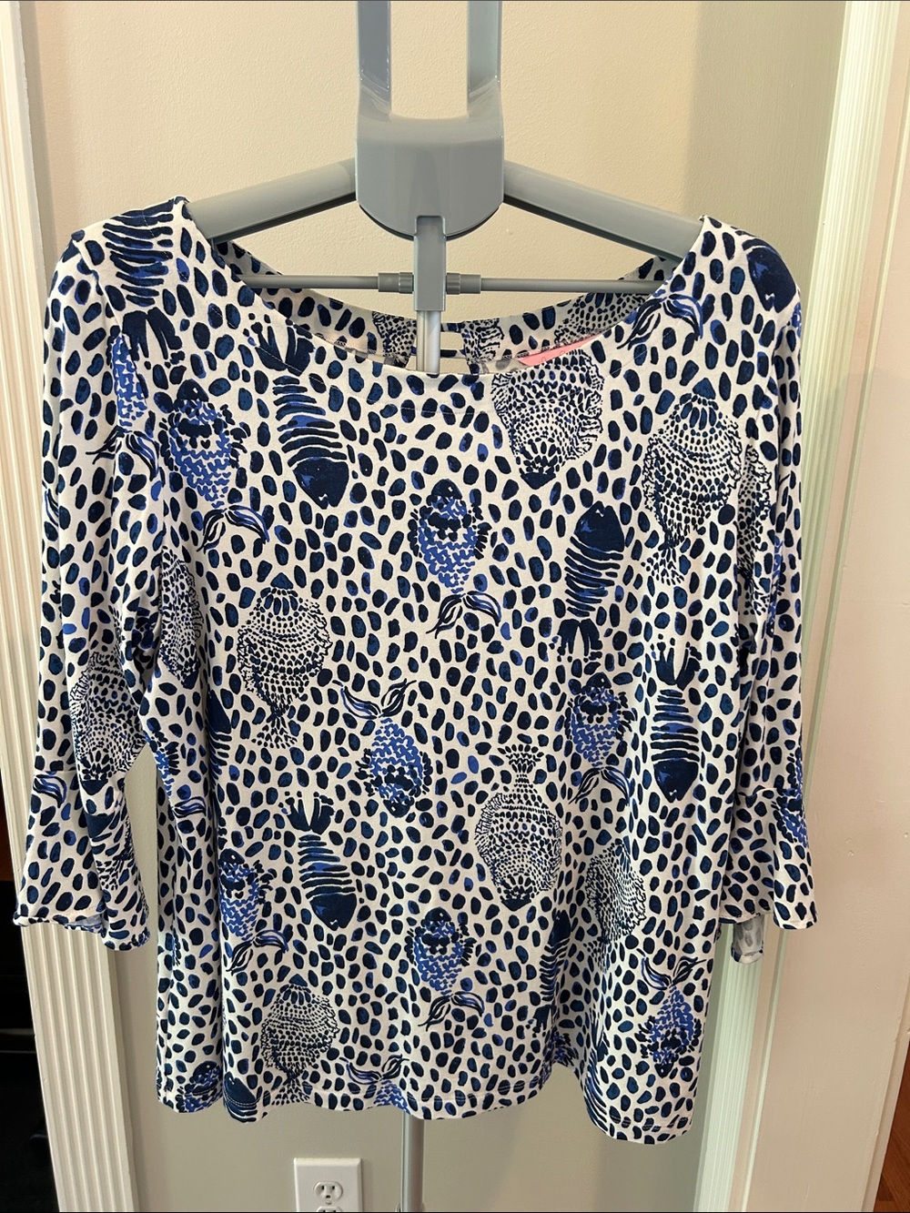 Lilly Pulitzer Navy and White Printed Boatneck Fontaine Top 3/4 ruffle sleeve